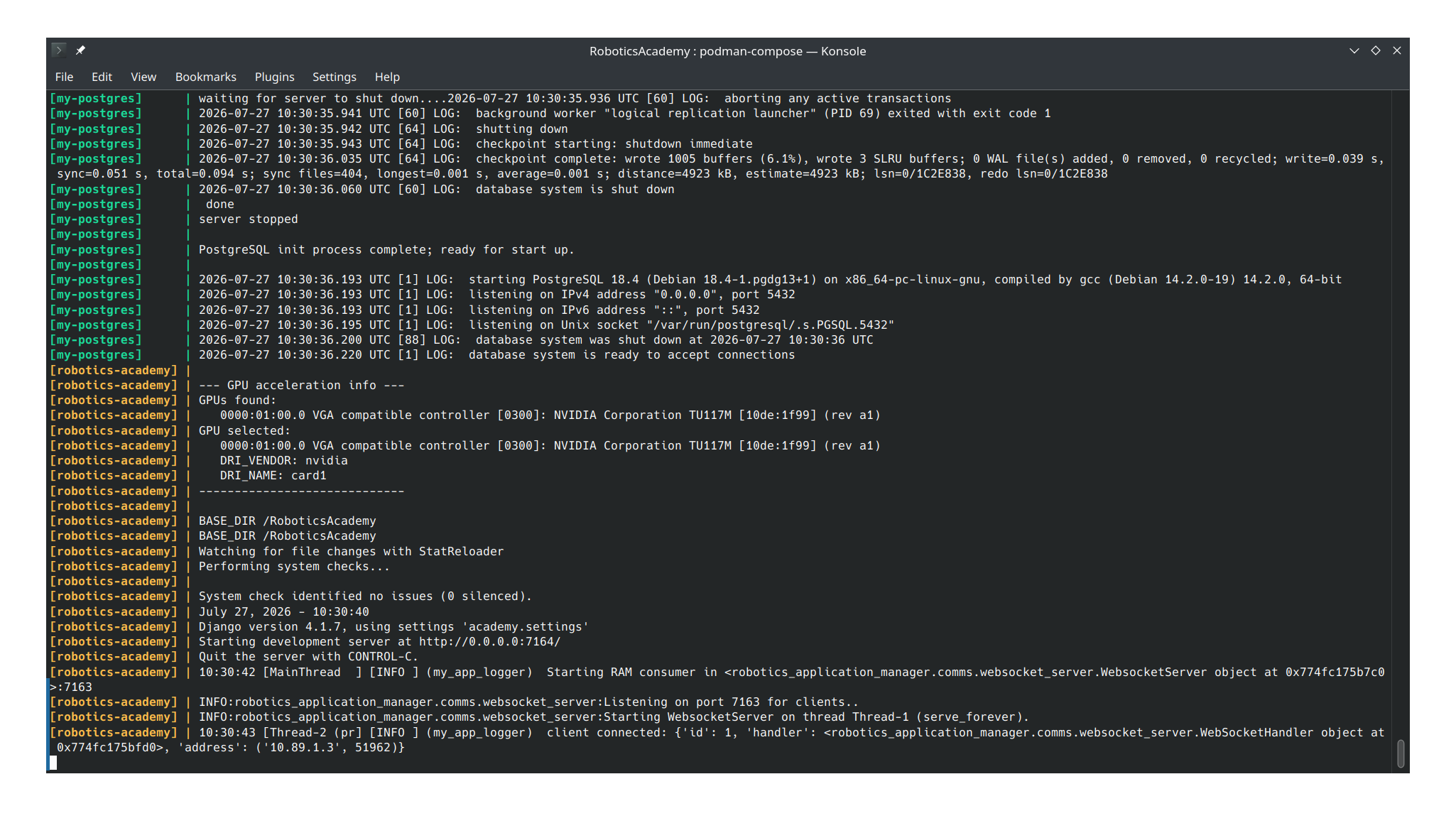 Terminal output from glxinfo showing the NVIDIA GTX 1650 successfully detected inside the Podman container