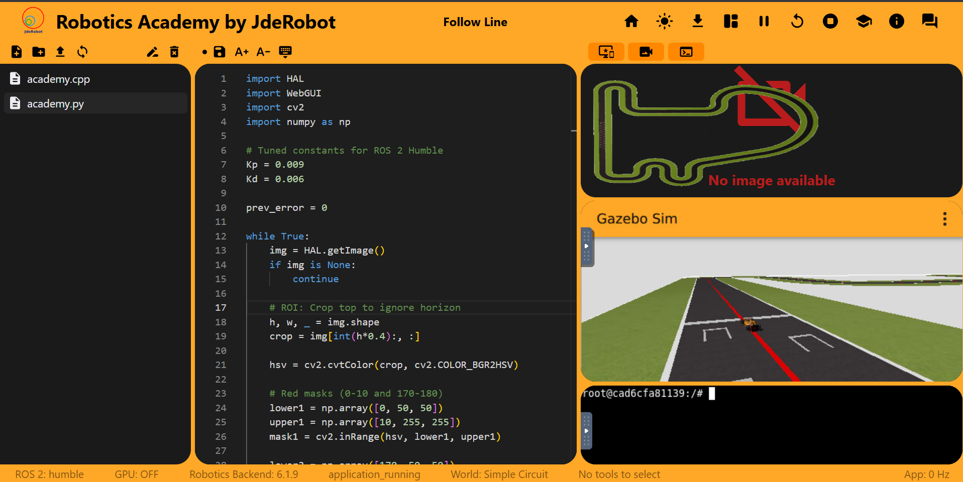 RoboticsAcademy web interface successfully loaded with the Follow Line exercise and Gazebo simulation visible, though the car is not moving