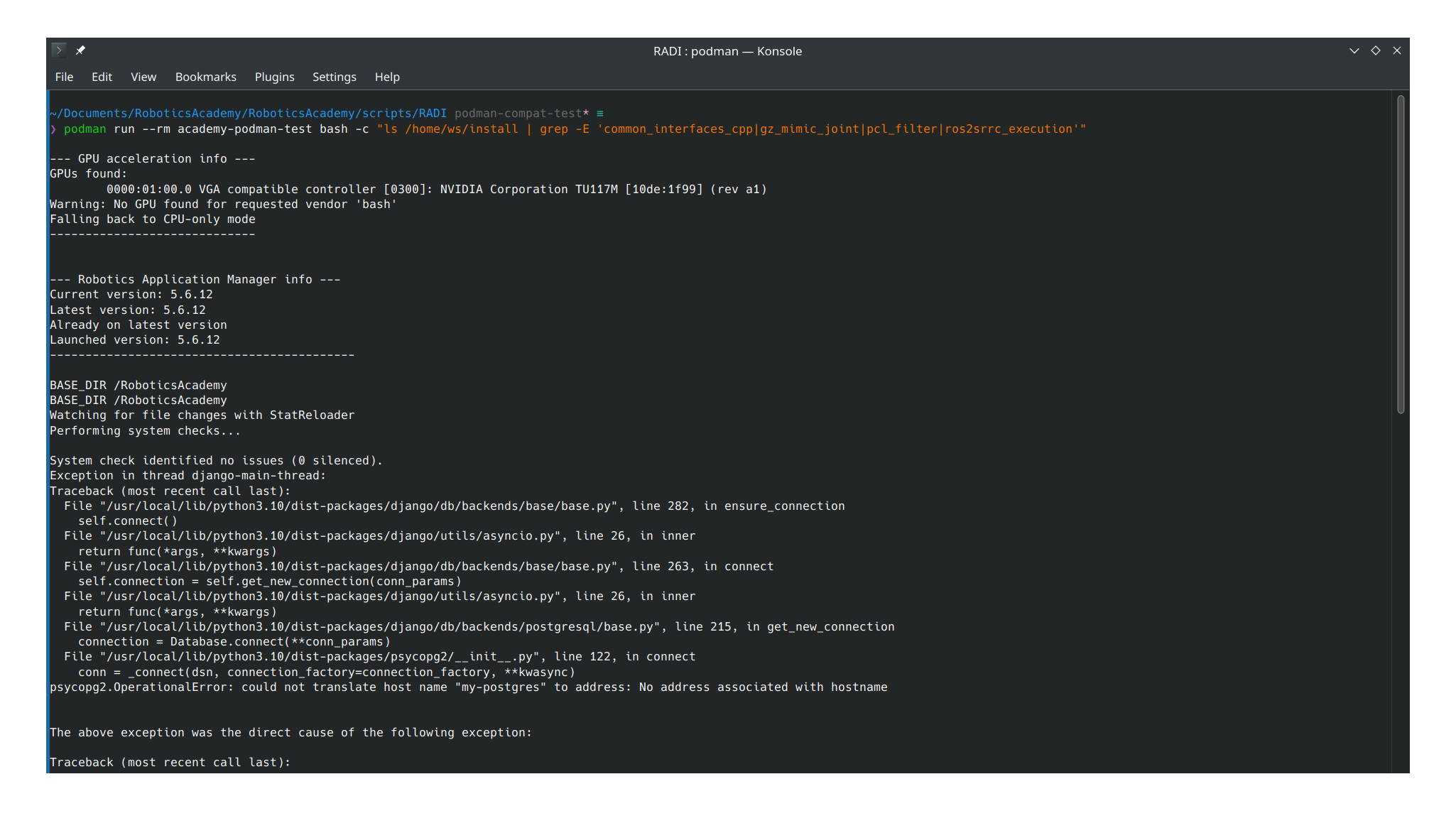 podman run of the built dependencies image, showing a clean start with no GPU