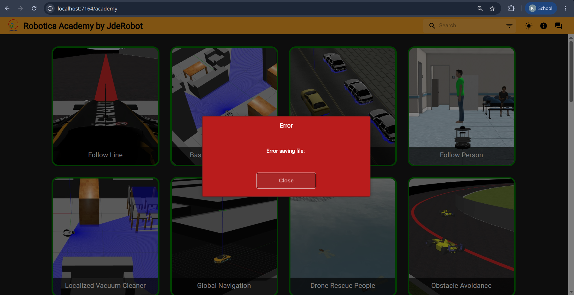 Error saving file popup with no message, shown while testing autosave on the Follow Line exercise
